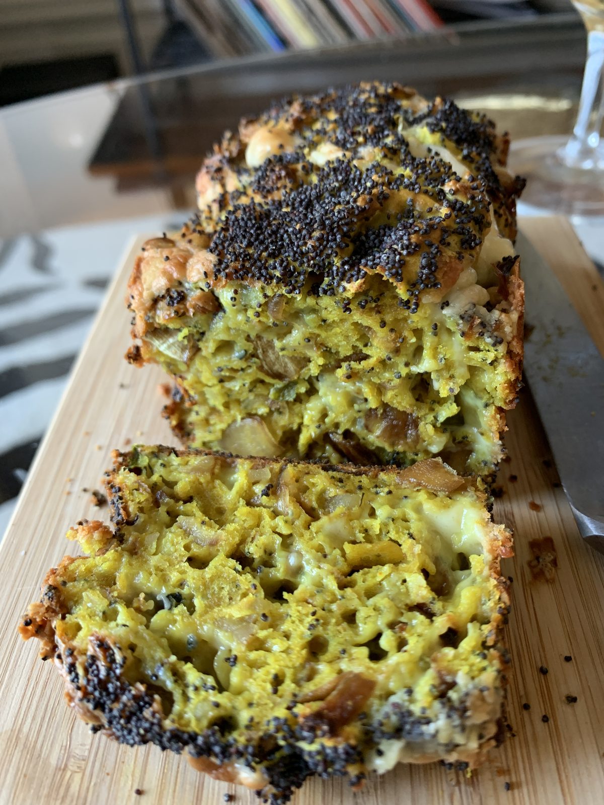 TasteGurus recipe image for Savory Aperitif Bread: Blue Cheese, Walnut, Onion with turmeric & poppy